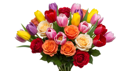 Vibrant colorful bouquet of mixed roses and tulips for celebration and gifts isolated PNG with Transparent Background