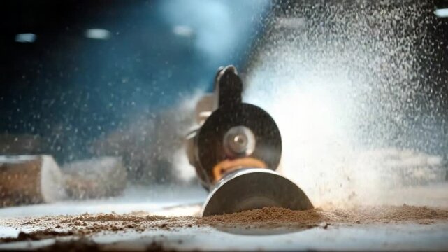 Woodworking Precision: Close-up shot of a powerful circular saw in action, effortlessly cutting through wood, while wood dust particles dance in the air.