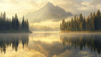 Fototapeta premium Misty mountain lake sunrise