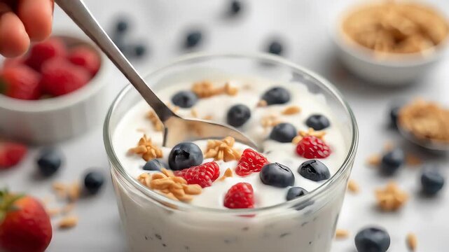 Delicious fruit yogurt parfait with granola and berries for healthy eating