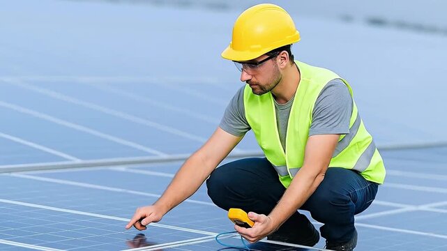 Professional Technician Inspecting Solar Panels on Rooftop with Multimeter, Ensuring Renewable Energy System Efficiency and Sustainable Power Gener...