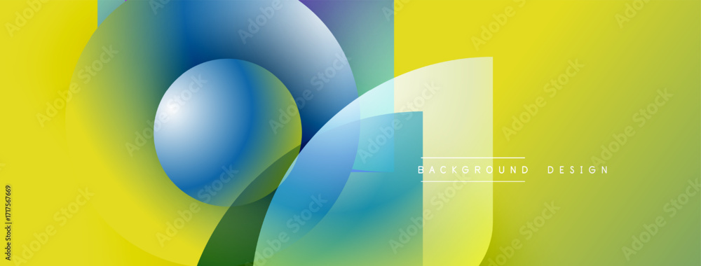 Poster abstract geometric shapes overlap. vivid colors blend, creating dynamic visual effect. yellow domina