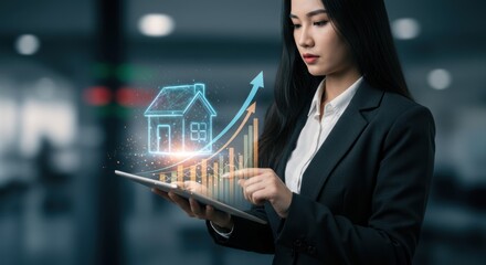 Woman using tablet with house icon and upward trending graph overlay.