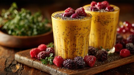 Mango chia smoothie with mixed berries on wooden table