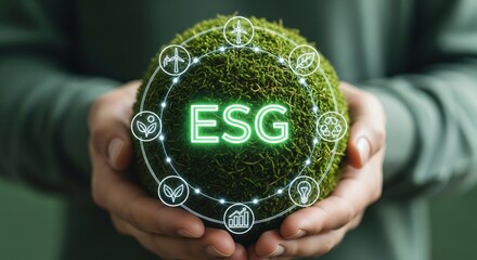 Hands holding glowing esg symbol with global network over green earth concept for sustainable business illustration