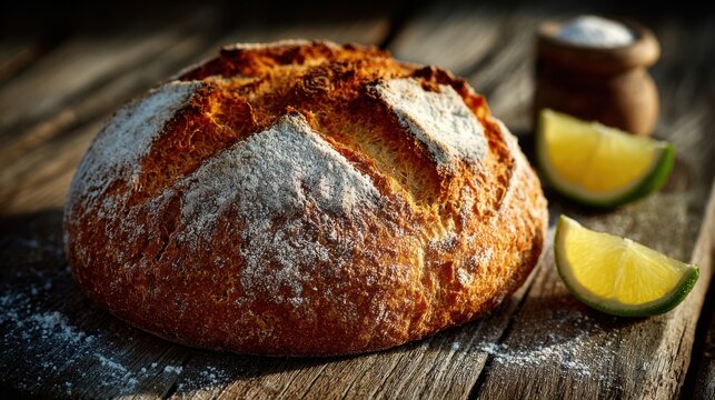 Round rustic bread with lime slices