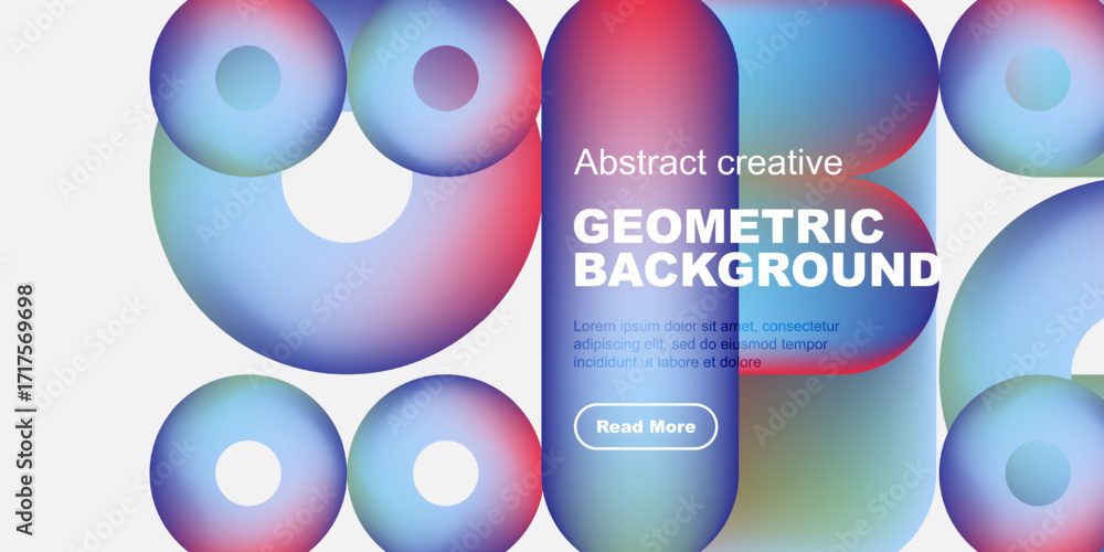 Poster Vibrant circles overlap, creating colorful geometric patterns. Text block present with read more button. Modern design aesthetic.