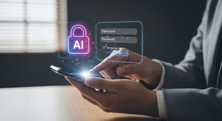 Business professional using smartphone for ai security and data protection concept with digital lock icon illustration