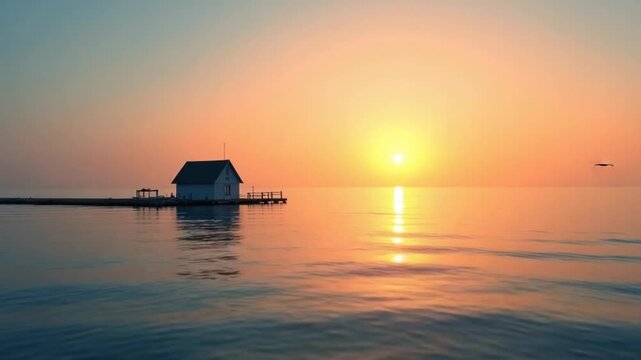 Fly towards small house in the sea during sunset hour.