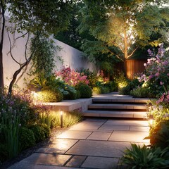 Fototapeta premium Evening garden with smart outdoor LED lights illuminating pathway