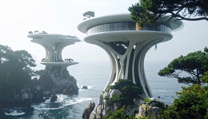 Professional Towering structures with flowing organic curves with 2D and simple shapes and uplifting aesthetic among ancient trees delicately balancing