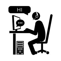 Black and white stick figure, vector illustration of a call center operator with headset sitting at desk, chatting on computer. Concept of customer support, online communication.