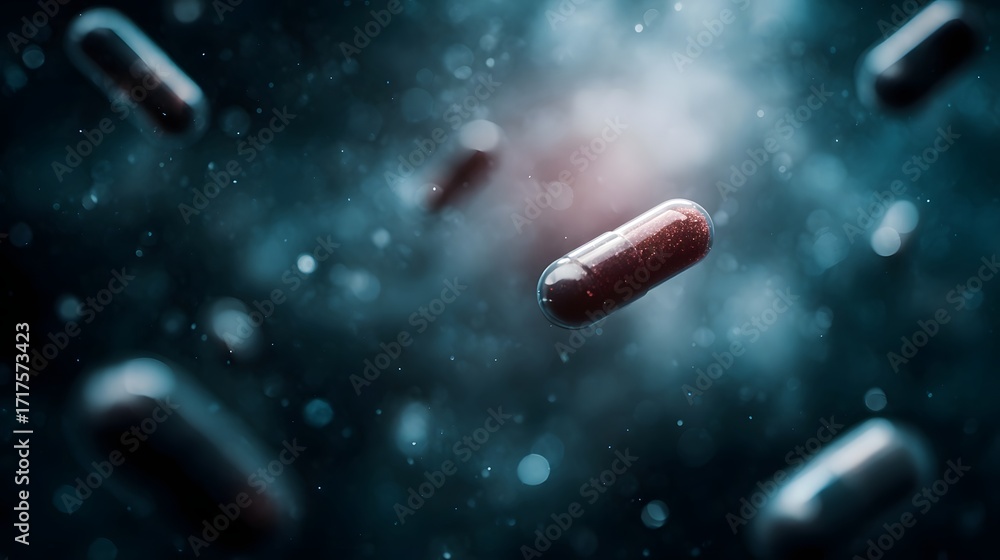 Poster multiple phar eutical capsules floating in a futuristic dark atmospheric space environment with glow