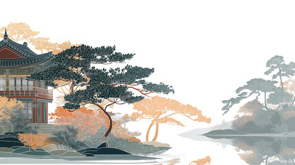 연못과 정원이 있는 한국 전통 궁궐의 일러스트레이션-Illustration of a traditional Korean palace with a pond and garden