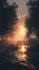 Golden Sunset Over River with Silhouetted Trees