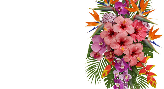 Vibrant exotic floral bouquet arrangement with tropical flowers for summer celebration and decoration. isolated PNG with Transparent Background
