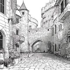 Obraz premium Castle Courtyard Coloring Page Bold Thick Lines