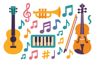 Musical instrument set in colorful flat style. Vector cartoon illustration with guitar, violin, trumpet, keyboard. Music notes for sound, melody, concert, or education concept.