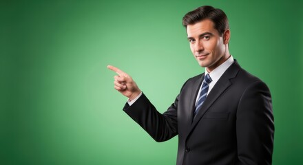 a professional businessman in suit pointing at blank space, green screen