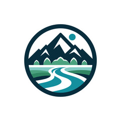 Scenic landscape logo featuring mountains, a river, and a sun in a circular design