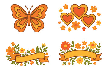 Groovy retro hippie style elements collection. Set of 70s butterfly, hearts, flower power banners. Vintage 60s floral design for stickers, posters. Flat vector illustration.