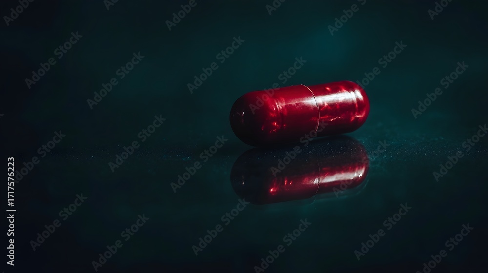 Poster a vibrant red capsule rests on a dark glossy surface showcasing its sharp reflection under dramatic 
