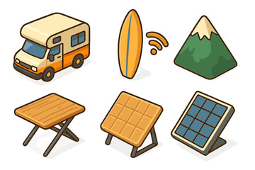 Isometric camping icon set for van life adventure. Vector icons of camper, surfboard, wifi, mountain, solar panel. Digital nomad lifestyle. Cartoon illustration for travel.
