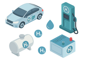 Isometric hydrogen fuel technology set. H2 car at refueling station, storage tank, and fuel cell. Clean, green, renewable energy vector illustration collection. Eco power concept.