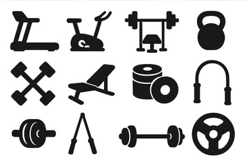Gym equipment icon set. Fitness workout silhouette symbols. Vector collection for sport and exercise design. Includes dumbbell, barbell, kettlebell, treadmill, weights for training.
