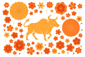 Chinese New Year of the Ox. Lunar new year celebration with golden bull zodiac silhouette. Asian holiday greeting card elements set with flowers and traditional umbrella.