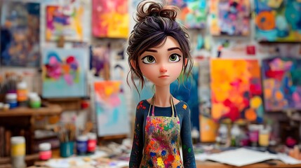 Anime animation of a girl canvas painter