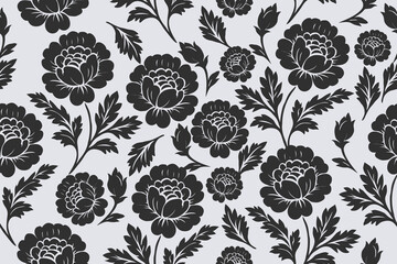 Elegant seamless floral pattern with bold black blossoms and ornate leaves on a soft background, ideal for textile, wallpaper, and classic design themes.
