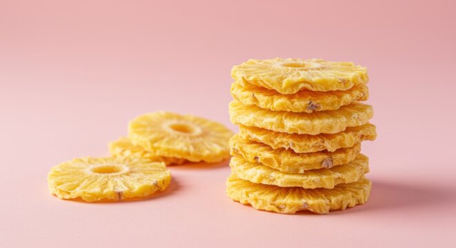 Freeze-Dried Pineapple Rings on Pink Background &ndash; Healthy Snack Concept 