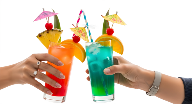 Hands toasting colorful tropical cocktails isolated PNG with Transparent Background