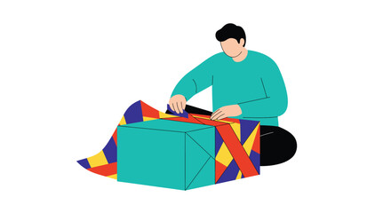Fototapeta premium A person carefully wrapping a colorful gift box on the floor isolated