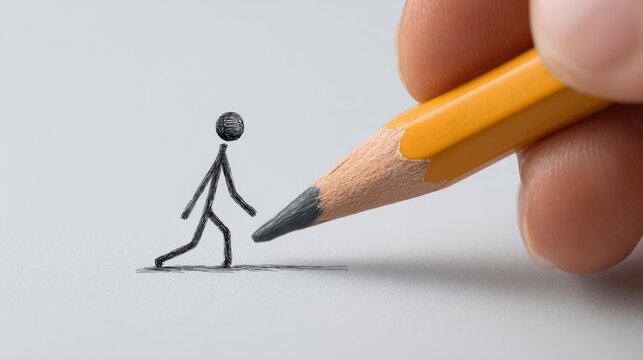 Hand-Drawn Stick Figure Walking with a Pencil on a Blank Sheet of Paper in a Creative and Artistic Style - Powered by Adobe