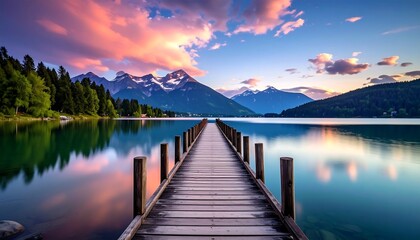 Serene Lakeside Wooden Pier at Sunset.
