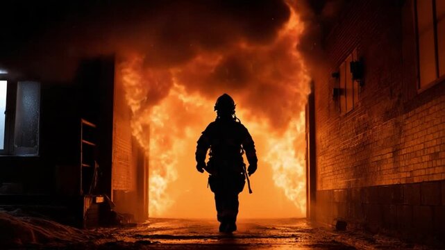 Firefighter's Brave Stance: A silhouette of a firefighter fearlessly strides towards a roaring inferno. His courage and dedication are a testament to his bravery.