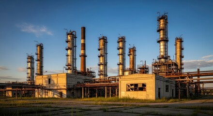 An industrial complex featuring numerous tall distillation columns a prominent smokestack and concrete buildings with connecting pipelines under a clear sky