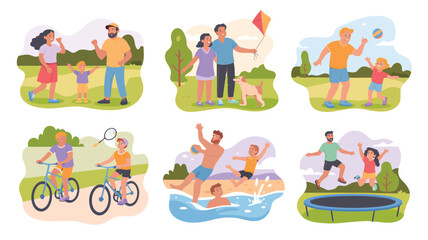 Fototapeta premium Diverse Family Activities Including Picnics Biking Swimming and Kite Flying outdoor