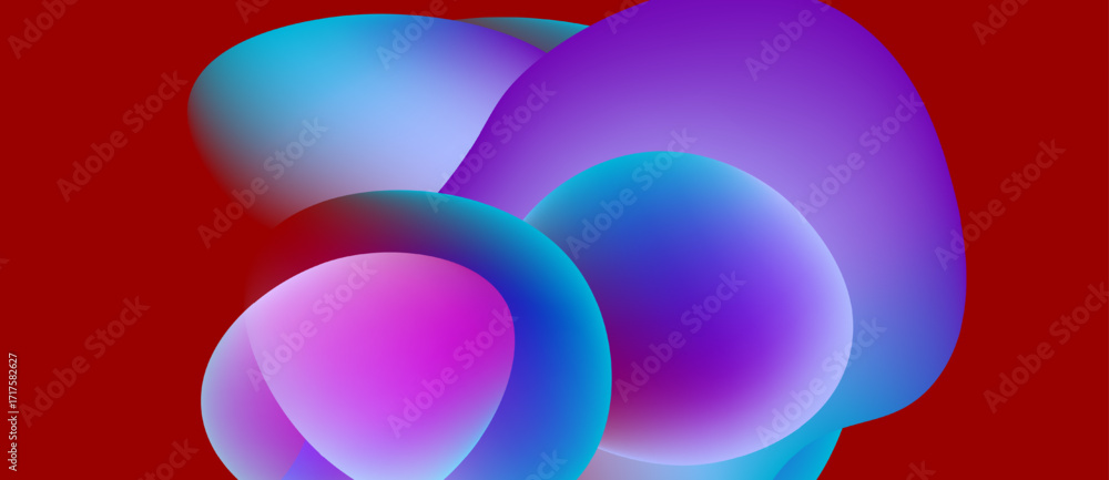 Poster abstract shapes overlap, creating vibrant color gradients. red background emphasizes luminous blues,