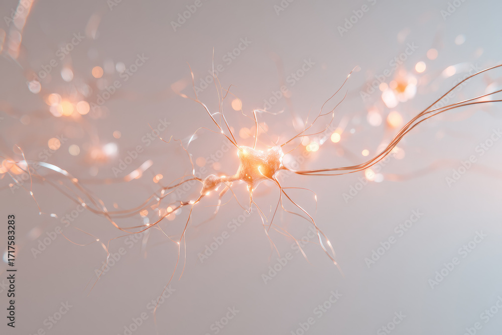 Poster neuron network with glowing synapses abstract background soft focus orange light scientific visualiz
