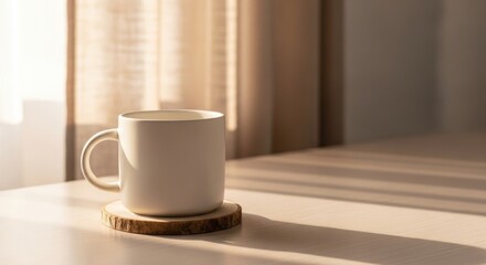 Fototapeta premium White mug on wooden coaster in warm morning light, ideal for coffee, tea, or a cozy lifestyle concept.