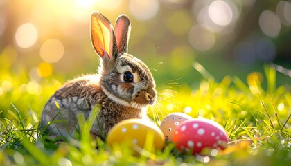 Easter Bunny with Eggs in Grass.