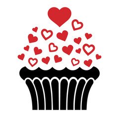 Cupcake with black base and topping of red hearts of various sizes scattered above the base design