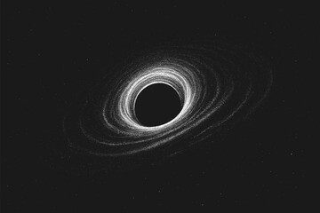Vector stippling illustration of a black hole with glowing accretion disk in outer space. Abstract cosmic vortex artwork in hand-drawn dotwork style
