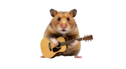 Cute golden hamster playing a musical concert with a small acoustic guitar for entertainment isolated PNG with Transparent Background