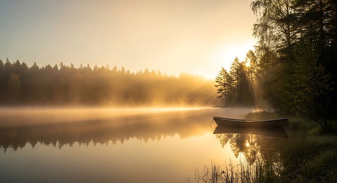 A serene sunrise over a tranquil lake, shrouded in a golden mist, with a small boat resting peacefully on the water's edge.