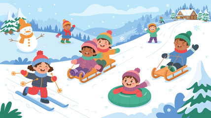 Naklejka premium Diverse Children Enjoying Winter Activities in a Snowy Village Scene kids sledding