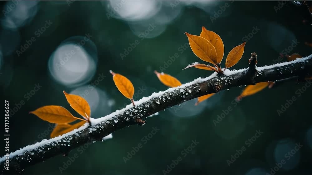 Poster snowy tree branch with bare branches and frosty texture